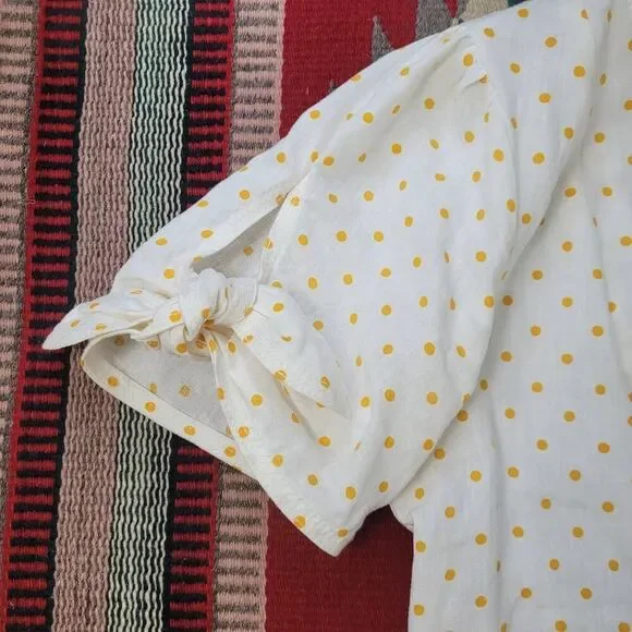Anthropologie Maeve Louise Wrapped Blouse Sz‎ 2 White Yellow Polka-dot Linen Top - Picture 6 of 8